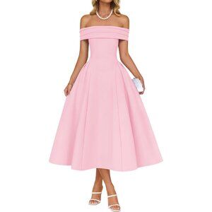 Women's Pink Elegant Off Shoulder Short Sleeve Swing A Line Midi Dress
